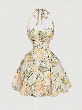Floral Halter Fit-and-Flare Dress in Yellow & Cream